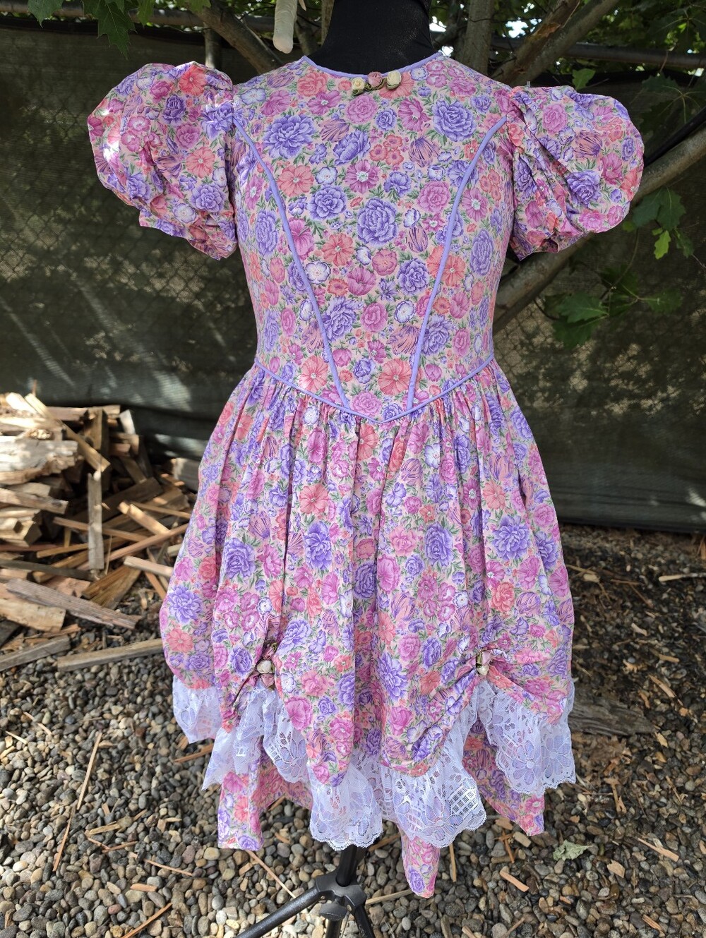 Vtg 80's Pink Purple Floral Midi Dress Prairie Countryside Chic Cottagecore